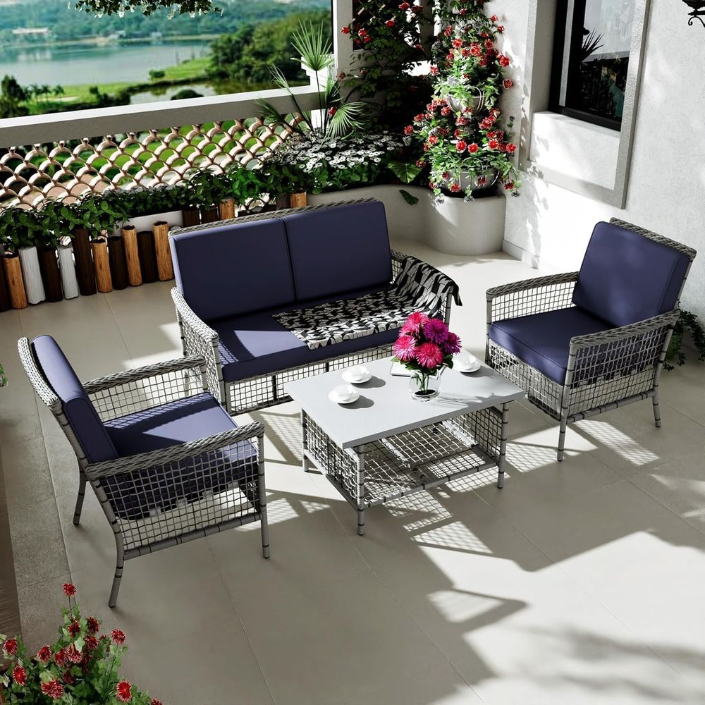 Outdoor Furniture Loveseat - 4-Piece Outdoor Patio Furniture Set: Wicker